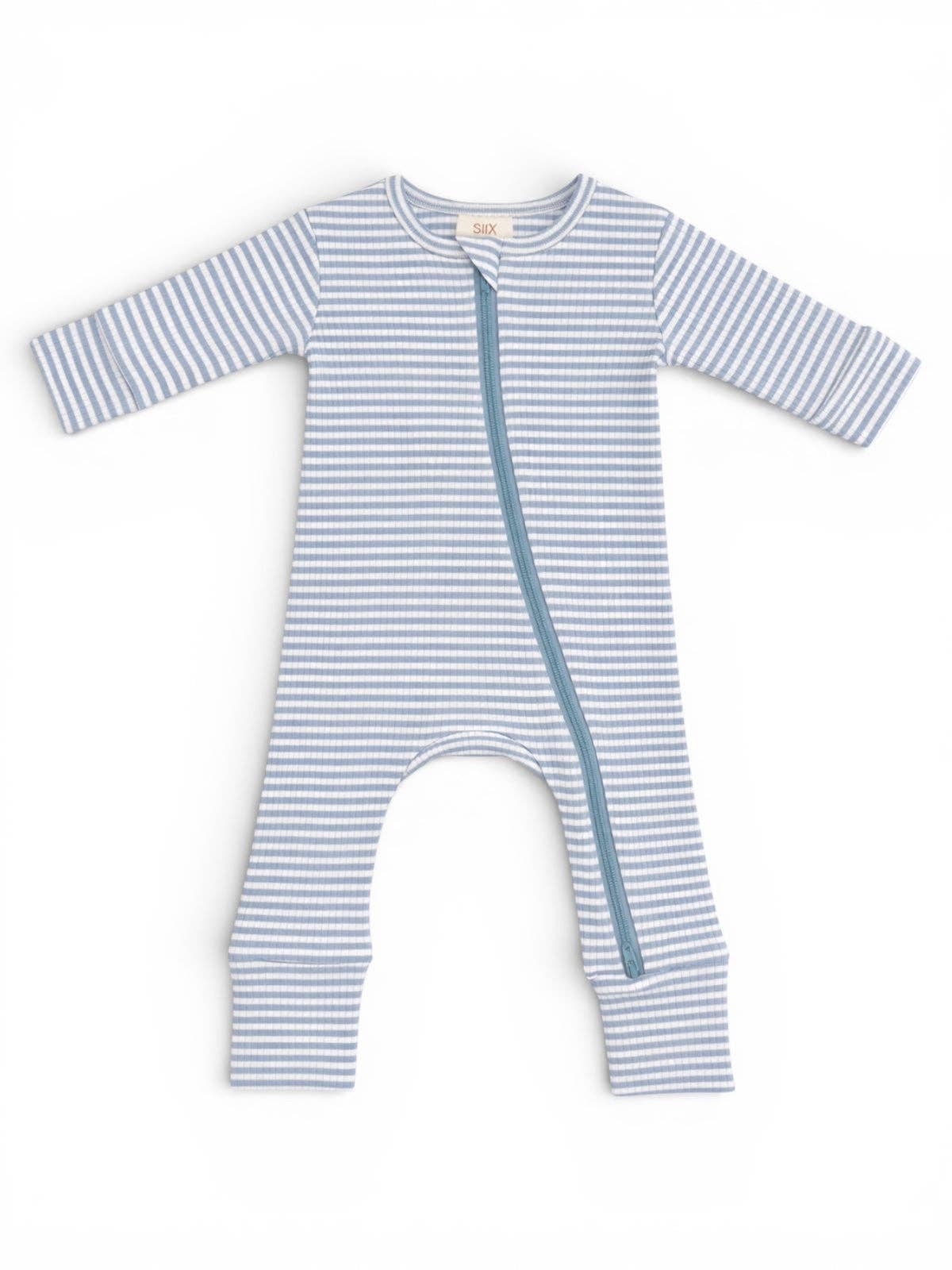 Dusty Blue Stripe Zip Romper