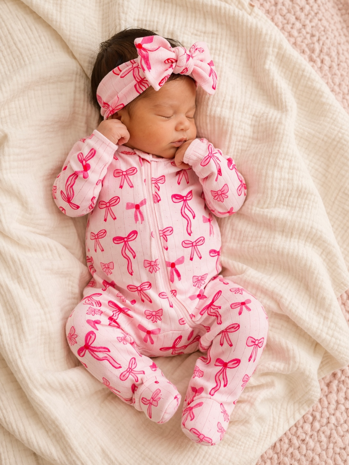 Pink Bows Zip Footie